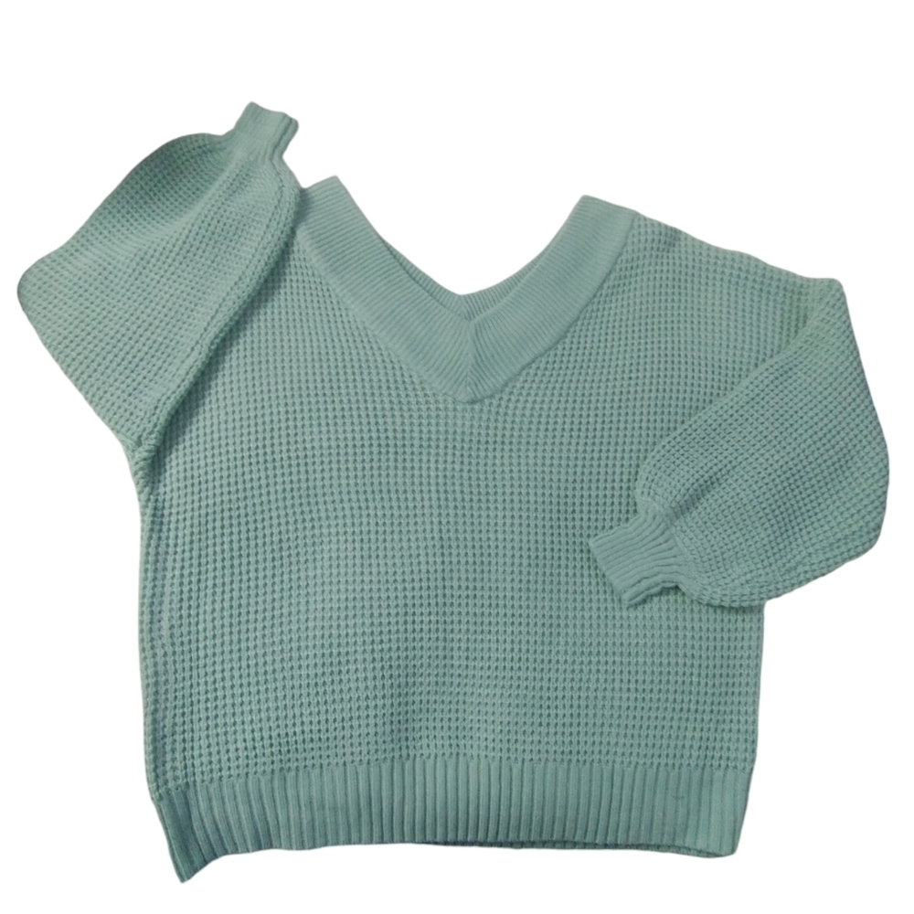 Zenana Plus Size XL Deep‎ V-Neck Waffle, Balloon Sleeve Sweater Coquette Fall